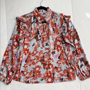 NIC+ZOE Floral Ruffle Blouse - Orange, Pink, and Blue